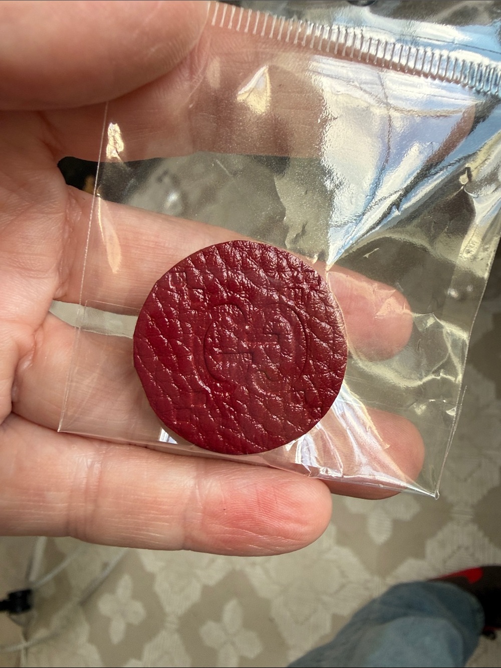 Gucci upcycled red leather Round Monogram Pin REPURPOSED LUXURY